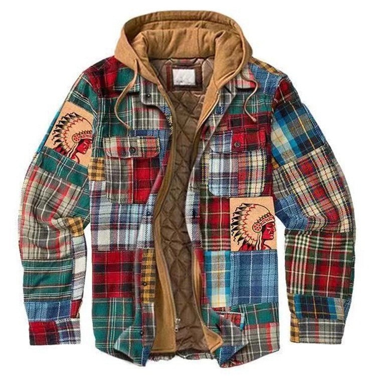 Men's plaid jacket long sleeved 3D fabric printed coat cotton jacket