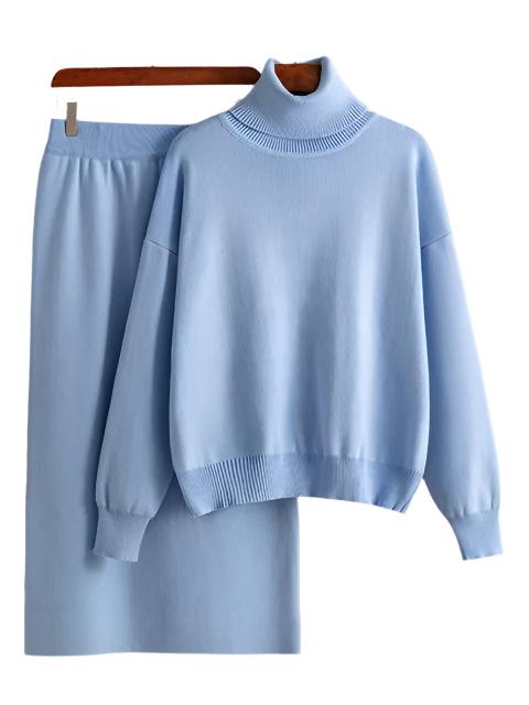 Women Loose Sweater Suits Long Sleeve Pullovers Female Knitted Midi Skirt 2 Piece Set Grey