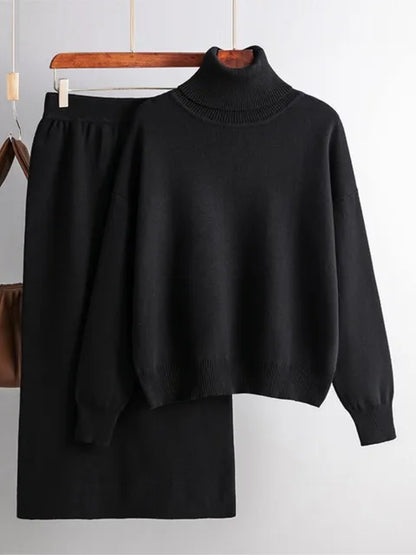 Women Loose Sweater Suits Long Sleeve Pullovers Female Knitted Midi Skirt 2 Piece Set Grey