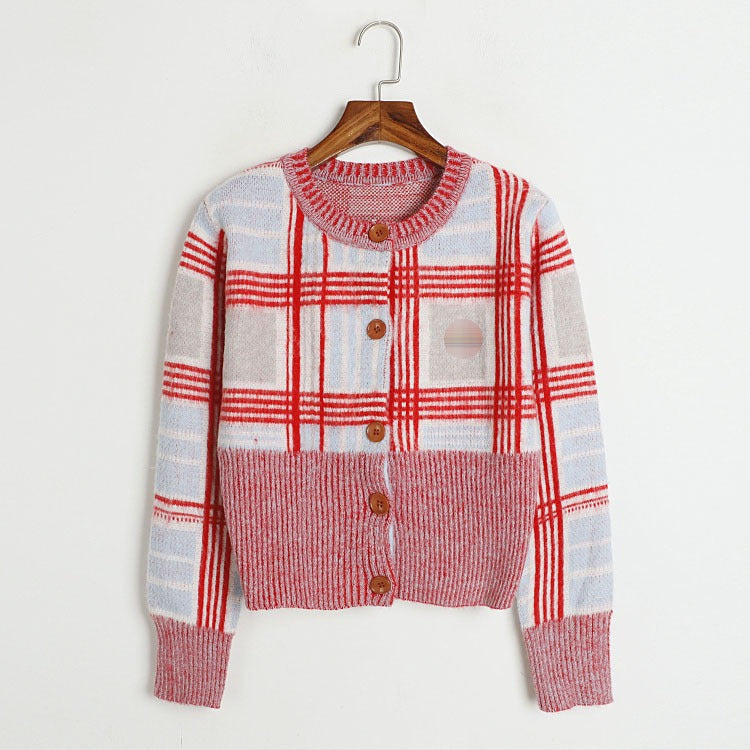 UFO embroidered plaid mohair sweater for women with contrasting round neck knit