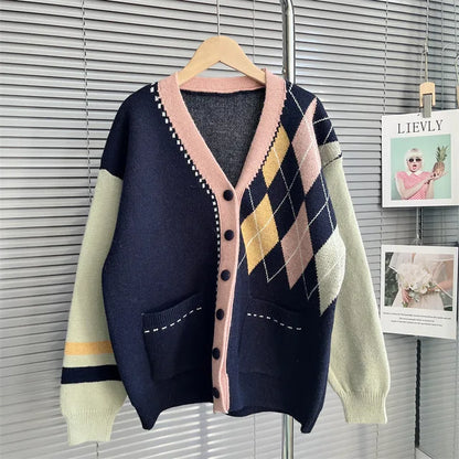 Rhomboid Plaid Big Size Knitted Sweater Cardigan Single Breasted Coat Women  Autumn Winter