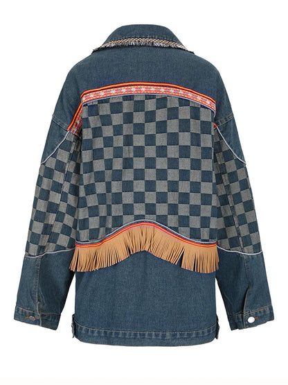 Loose Fit Blue Denim Tassels Plaid Big Size Jacket New Lapel Long Sleeve Women Coat Fashion Tide Spring Autumn