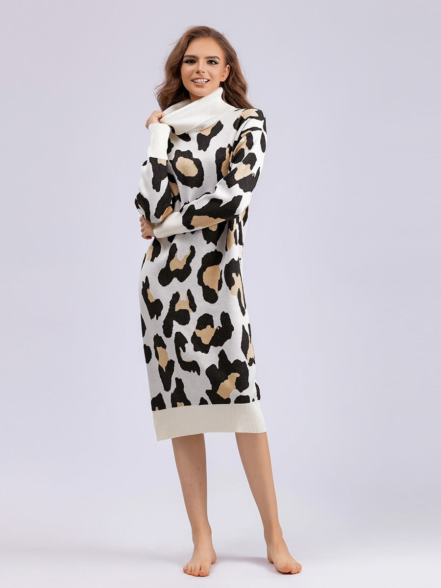 Leopard Jacquard Thick Autumn Winter Straight Sweaters Dress