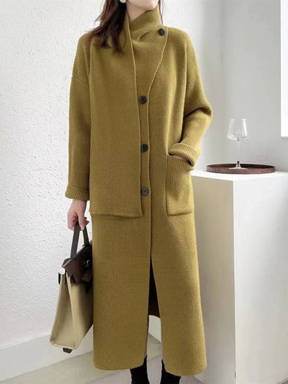 Scarf Collar Design Cardigan Knitting Long Sweater For Women Solid Full Sleeve Loose Casual Coat Winter Clothing