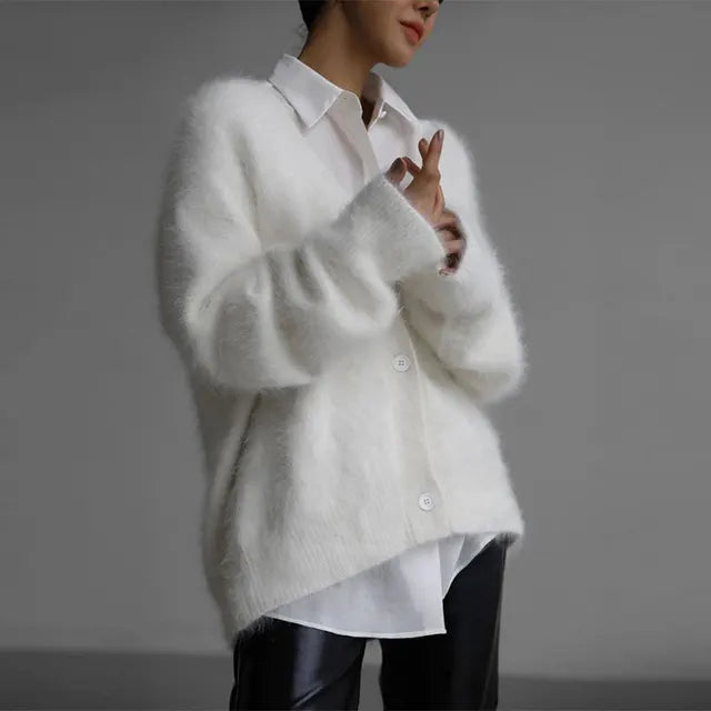 Contrast Color Mohair Cardigan For Women Loose Long Sleeve Single Breasted Knitted Pullover Autumn Chic Lady Streetwear