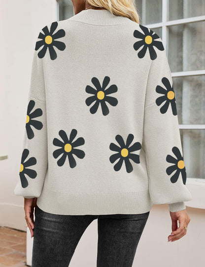 Zeagoo Long Sleeve Tops Women Jumpers Casual Knit Sweater Ladies Turtleneck Pullover Loose Sweatshirts for Autumn Winter Gray-Flower S