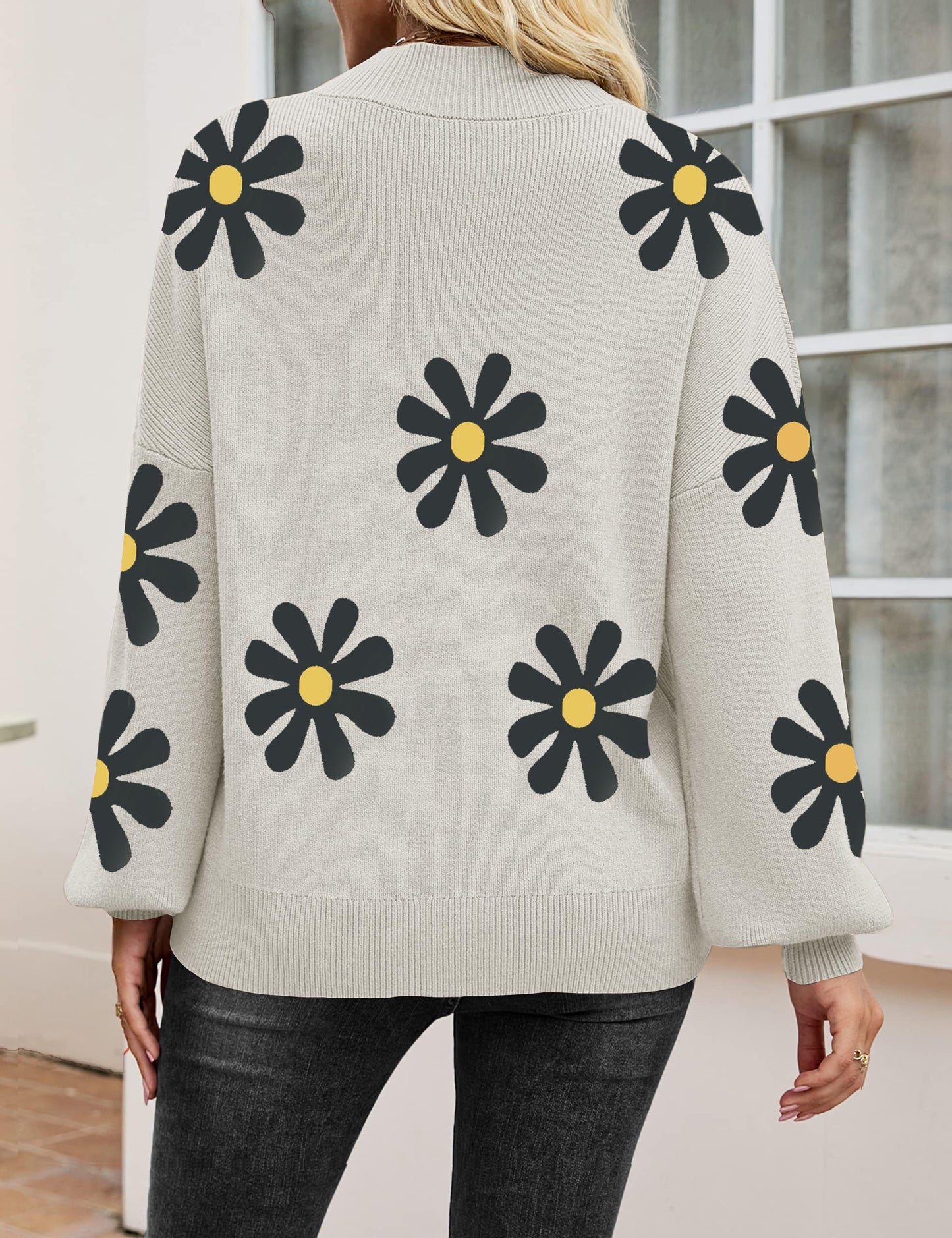 Zeagoo Jumpers for Women Long Sleeve Tops Ladies Knitted Sweater Turtleneck Loose Sweatshirts Casual Pullover Gray-Flower M