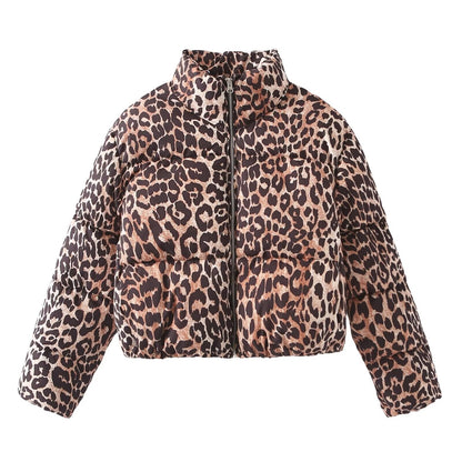 Women's leopard print stand up collar jacket cotton coat cotton jacket