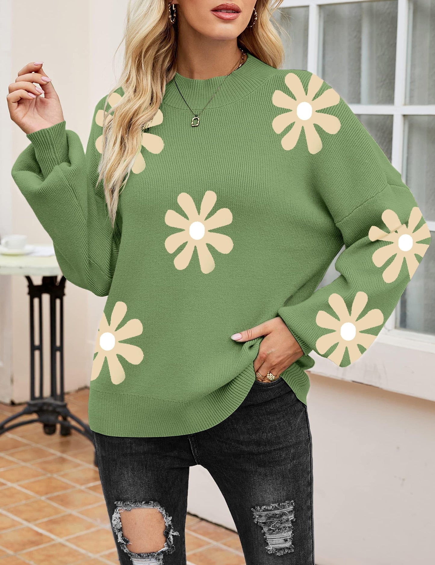 Zeagoo Long Sleeve Tops Womens Lightweight Jumpers Ladies Knitted Jumper Casual Loose Pullover Turtleneck Sweater Green-Flower L