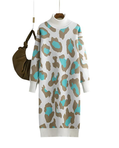 Women Dress  Autumn Turtleneck Leopard Print Loose Casual Long Knitted Dress All Match Bottoming Dresses Winter