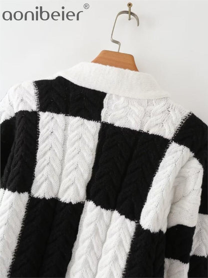 Autumn Women Casual Traf Jacket Black White Plaid Cable Knit Cardigan V Neck Button-Up Female Sweaters Crop Tops