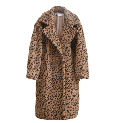 Winter Leopard Print Lapel Collar Long Fleece Jacket Women Oversized Pink Faux Fur Coat Thick Warm Teddy Jacket