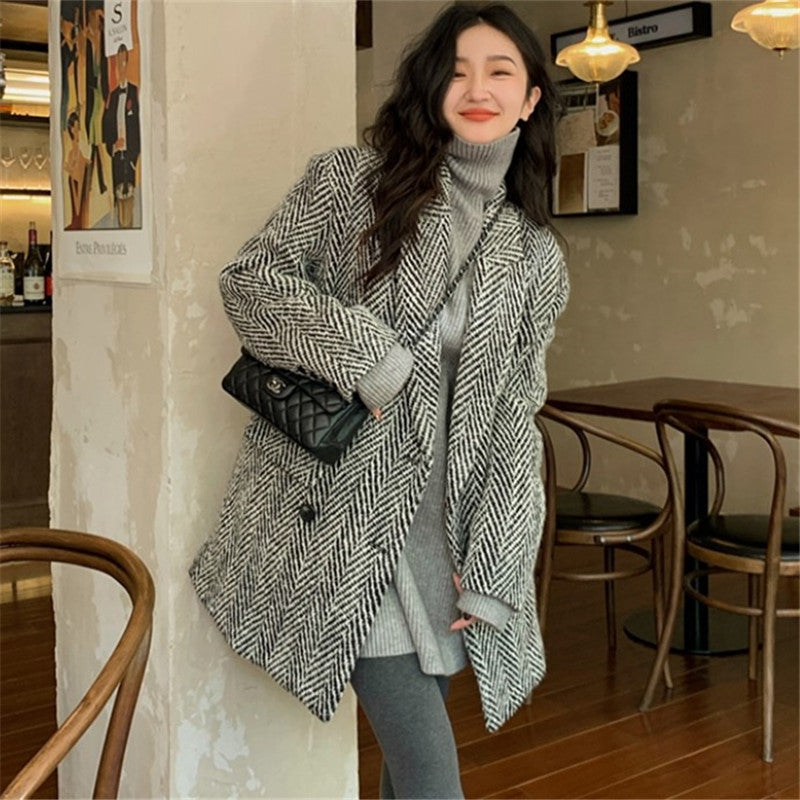 Wool Suit Jacket Women's Small Winter Autumn Winter New Mid-Length Herringbone Pattern Coat