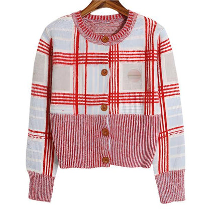 UFO embroidered plaid mohair sweater for women with contrasting round neck knit