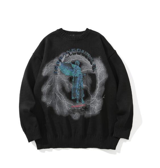 Diablo statue print sweater men and women round neck pullover sweater angel lightning print streetwear