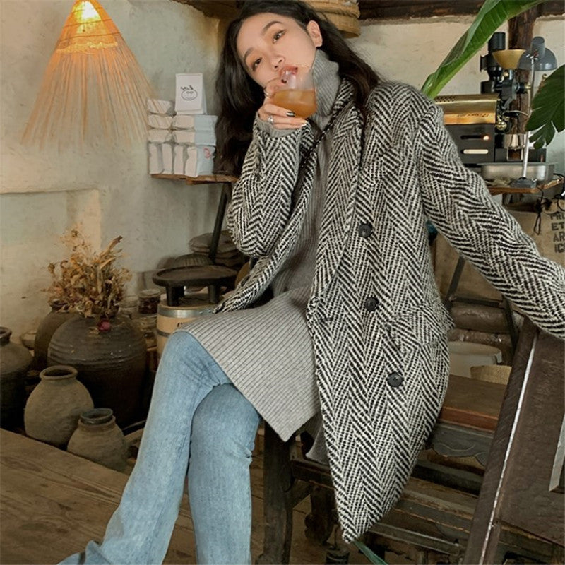 Wool Suit Jacket Women's Small Winter Autumn Winter New Mid-Length Herringbone Pattern Coat