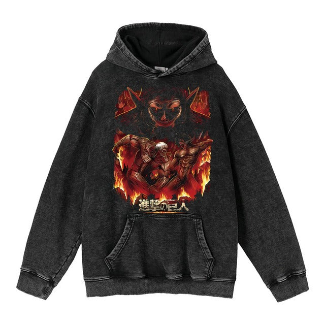 Hoodie's New Attack on Giant Anime Surrounding Print Trendy Brand Water Wash Retro Hooded Hoodie for Men