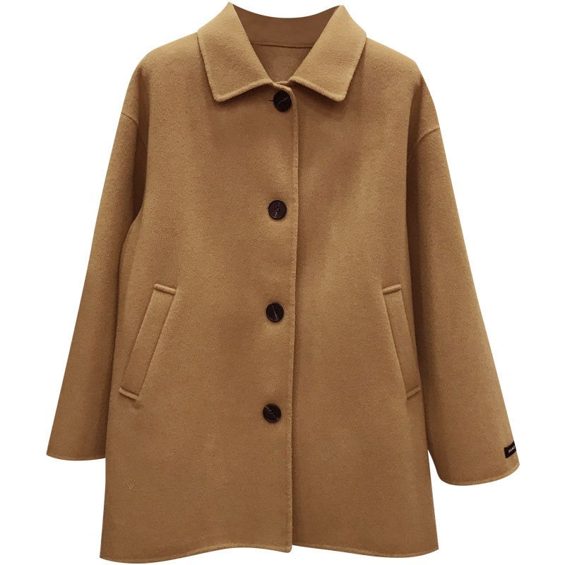 Small camel colored cashmere coat for women's spring and autumn new loose woolen coat, medium length coat