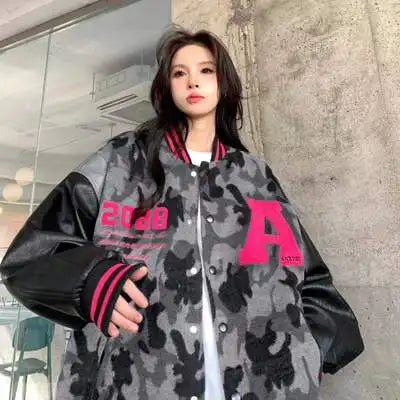 Streetwear Women Bomber Jacket Letter Embroidery Fashion Camouflage Jackets Coat PU Leather Spliced Loose Harajuku Jacket Female