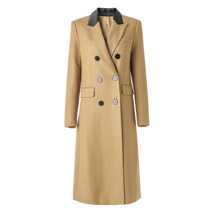 Classic double breasted wool twill fabric contrasting long coat with bead edge length