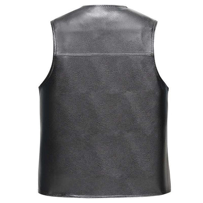 Black Men PU Leather Fleece Vest Large Size Autumn Winter Middle-aged Fashion Men's Loaded Fleece Vest Coat