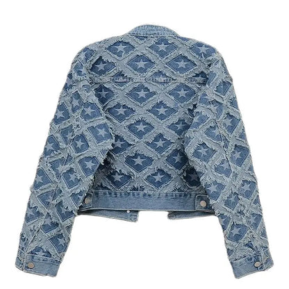 Plaid Blue Denim Cotton High Street Long Sleeve Women's Jacket Single Breasted O-Neck Korean Fashion Short Coat Autumn