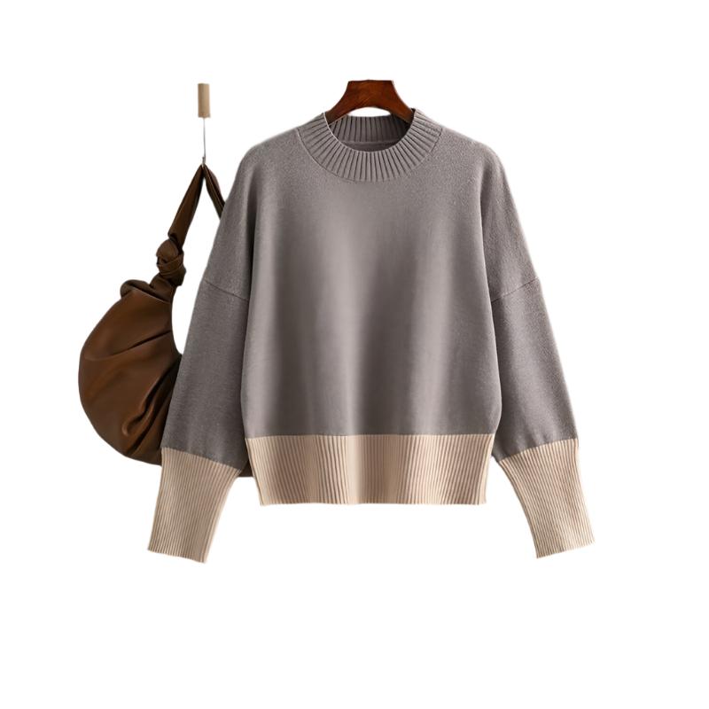 Women's knitted sweater round neck loose color blocked top sweater for women