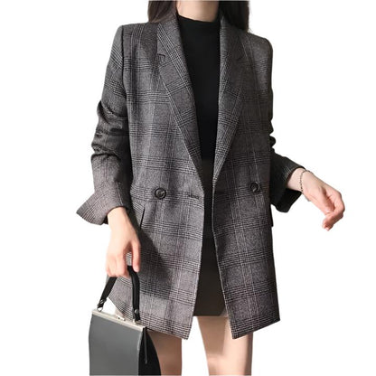 Women's Check Long Sleeve Cotton Jacket Casual Vintage Coat Plaid Blazer