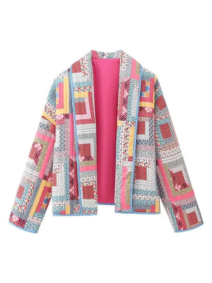 Printed Women Cotton Padded Coat Open Front Loose Jacket Oversize Long Sleeve Female Top Parkas