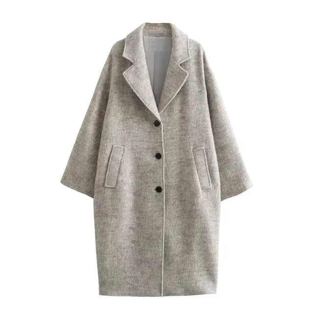 Winter Women Casual Solid Coat Single Breasted Loose Fit Coat Herringbone Twill Long Women Demi-season Jacket