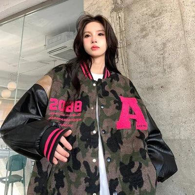 Streetwear Women Bomber Jacket Letter Embroidery Fashion Camouflage Jackets Coat PU Leather Spliced Loose Harajuku Jacket Female