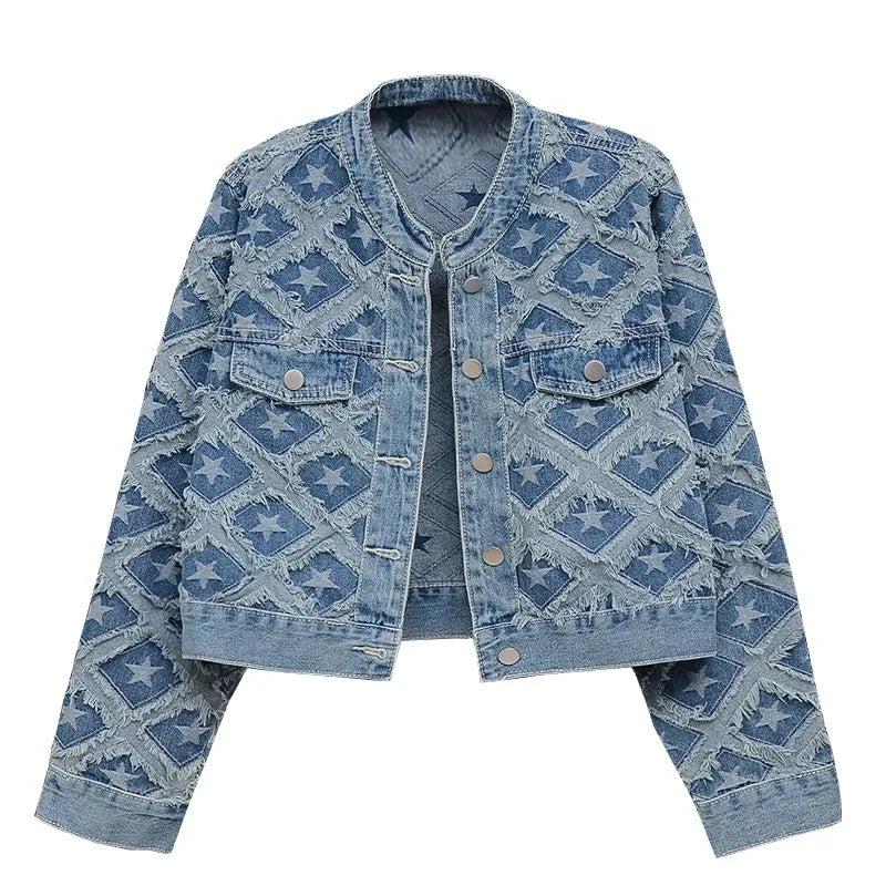 Plaid Blue Denim Cotton High Street Long Sleeve Women's Jacket Single Breasted O-Neck Korean Fashion Short Coat Autumn