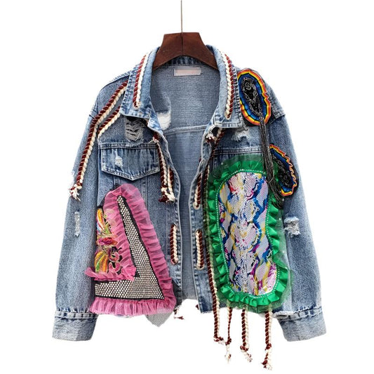 Spring Women Streetwear Patch Denim bomber Jacket Female Personality Short Diamonds Jacket Tassel Jean Coat