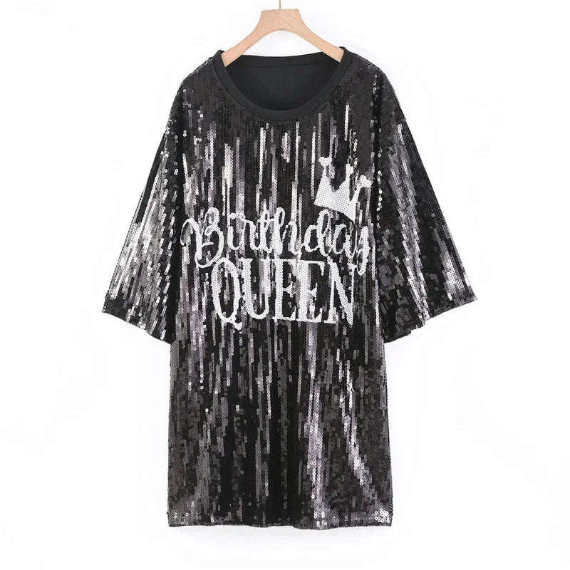 Summer New Round Neck Sequins Short Sleeve Loose Letter Women's Tops Streetwear Hip Hop Straight Black Night Club T-Shirt