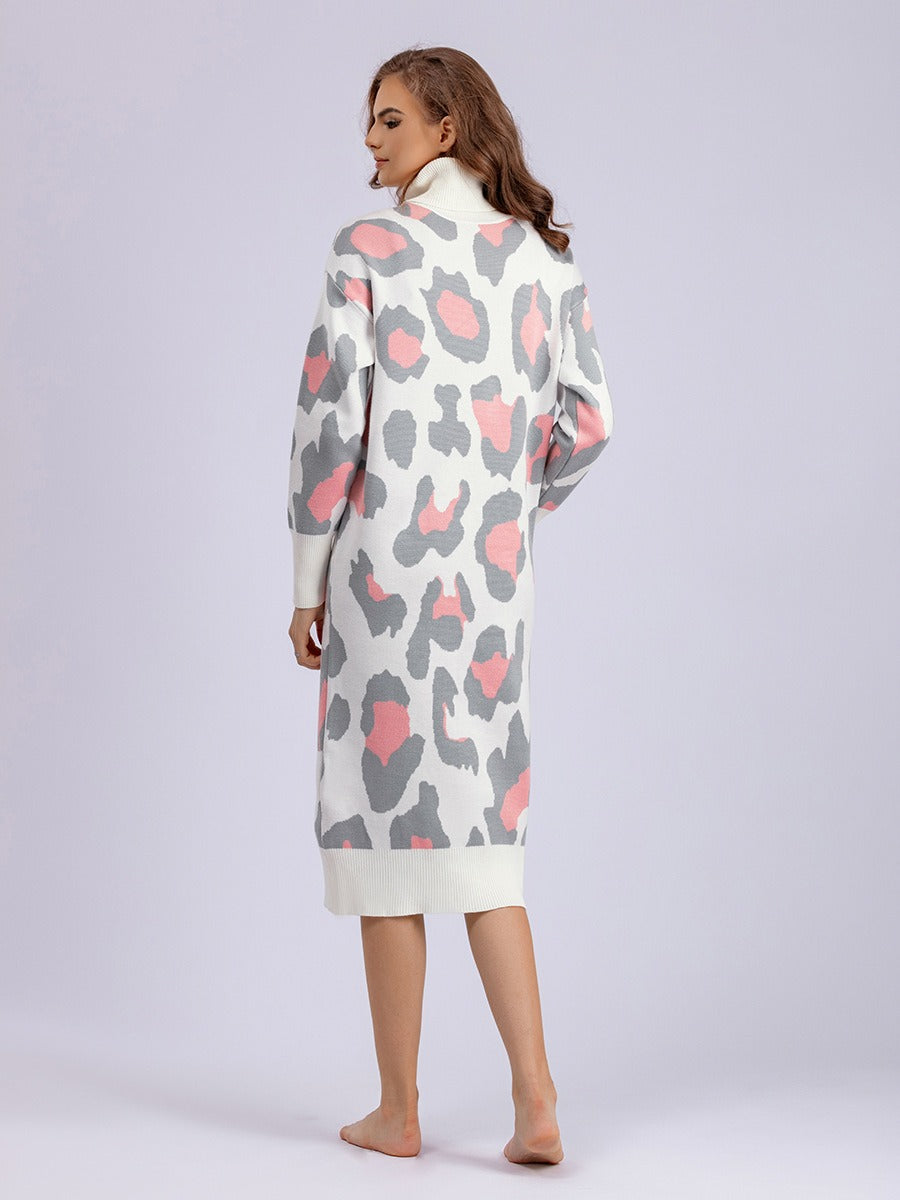 Leopard Jacquard Thick Autumn Winter Straight Sweaters Dress