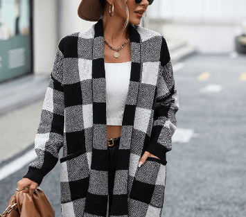 Coat Loose Plaid Contrast Knitted Cardigan Fashion Sweater for Women