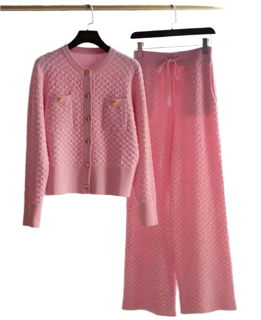 Bubble Texture Gold Buckle Cardigan+Wide Leg Pants Set