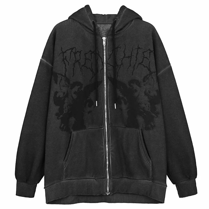 Hip Hop Streetwear Women Hoodies Goth Angel Dark Print Zipper Jacket Coat