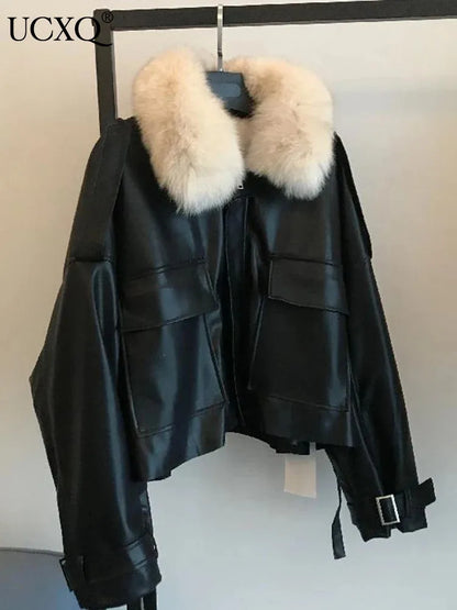 Winter Plush Thickened Leather Coat For Women Detachable Faux Fur Collar Outwears Warm JacketAutumn Winter New