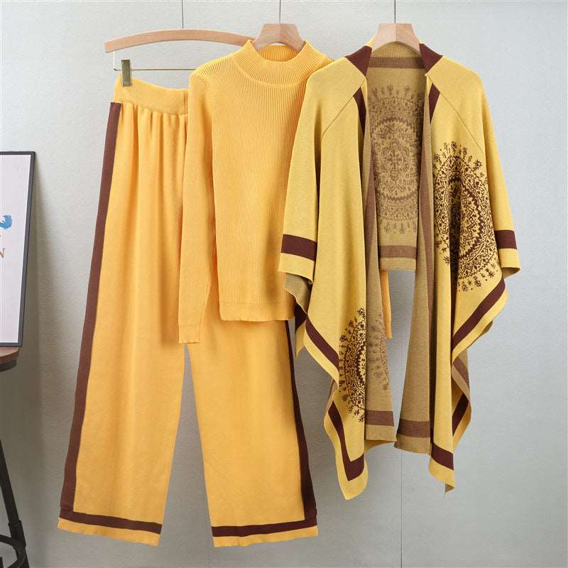 Autumn and winter new classic British style brand imitation knitted scarf, women's shawl dual-use shawl cape three piece set