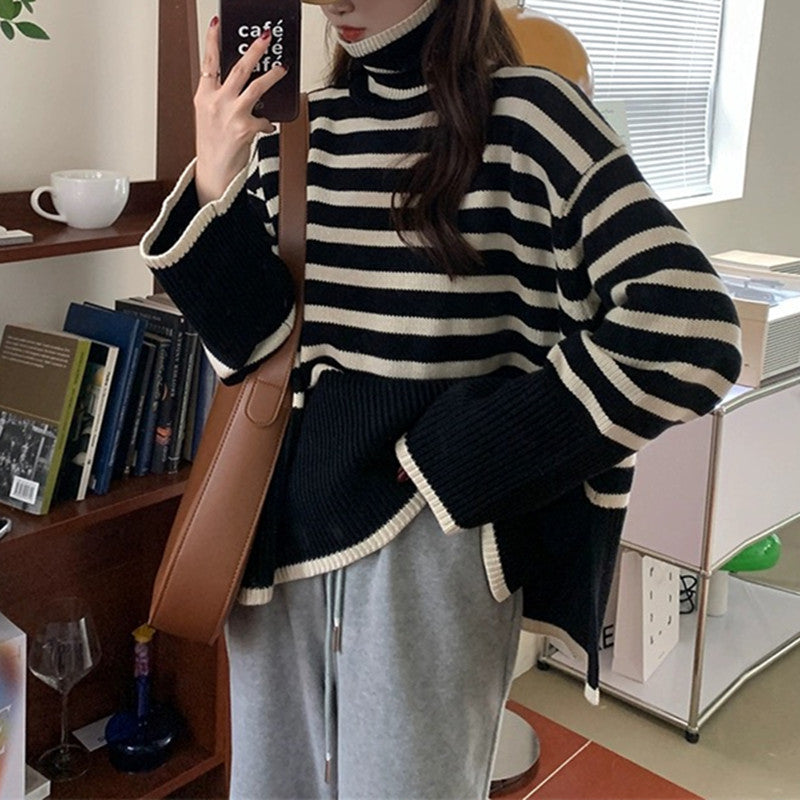 OverSized stripe Winter Women Sweater Fashion Loose Casual Turtleneck Autumn Pullover Sweater Female Jumper