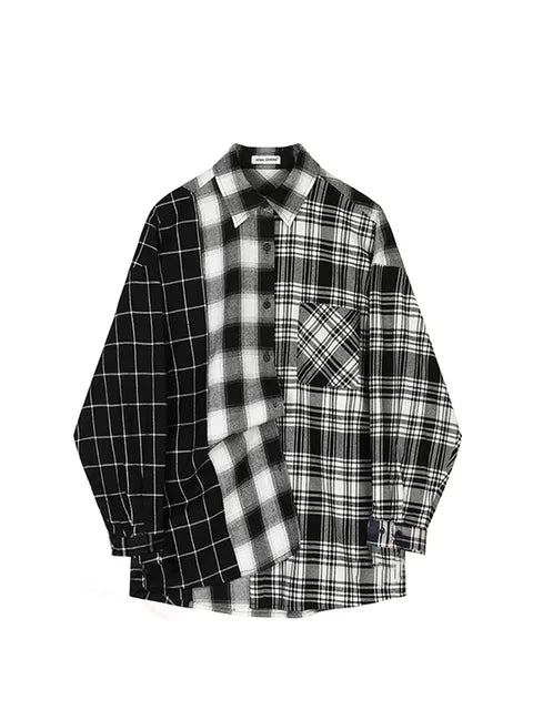 Oversized Plaid Patchwork Blouses Vintage Streetwear Boyfriend Shirt For Ladies Ulzzang Harajuku Long Sleeve  Blusas Tops