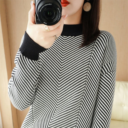 O Neck Women Striped Sweater Streetwear Knitted Pullovers Top