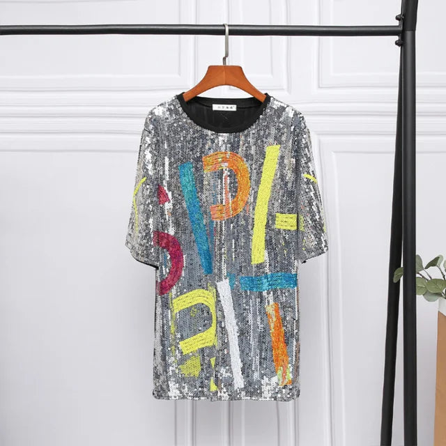 New Sequins Female Sequin Streetwear Clothing Short-Sleeved Round Neck Fashion Loose T-Shirt