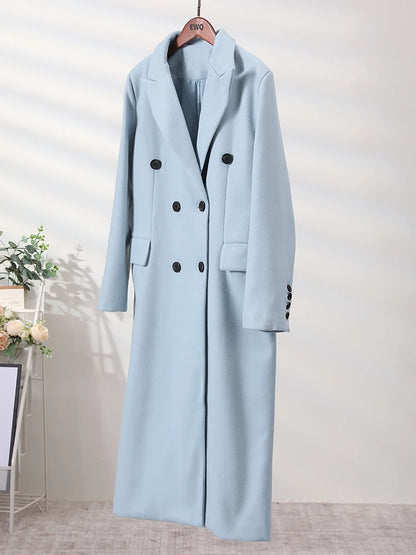 Elegant Thick Warm Woolen Coat  New Autumn Winter Long Sleeve Double Breasted Overcoat Jackets Chemisier