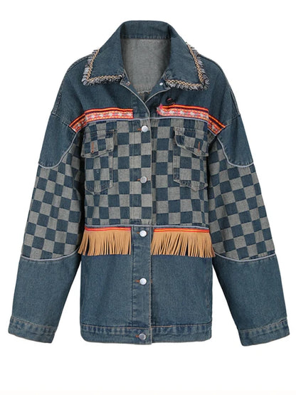 Loose Fit Blue Denim Tassels Plaid Big Size Jacket New Lapel Long Sleeve Women Coat Fashion Tide Spring Autumn