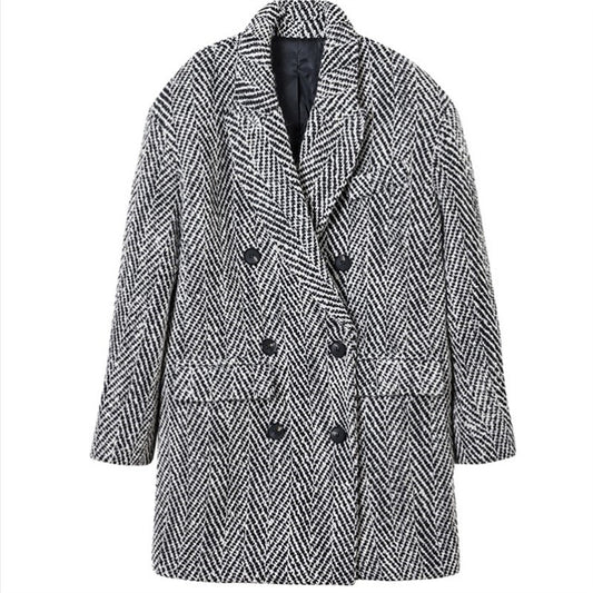 Wool Suit Jacket Women's Small Winter Autumn Winter New Mid-Length Herringbone Pattern Coat