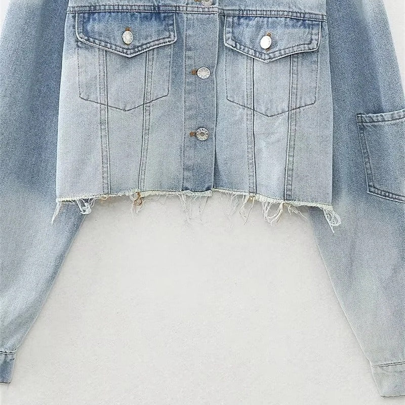 Women's Fashion Autumn/Winter Denim Crop Jacket Women Vintage Long Sleeve Front Button Female Chic Coat