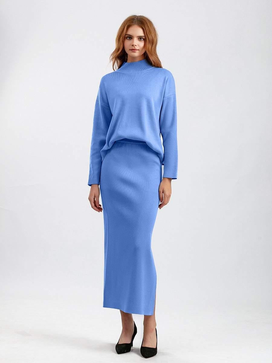 2 Pieces Knit Sets Women Maxi Skirt Tracksuits Winter Warm Turtleneck Sweater + Long Midi Straight Skirt Two Pieces Sets