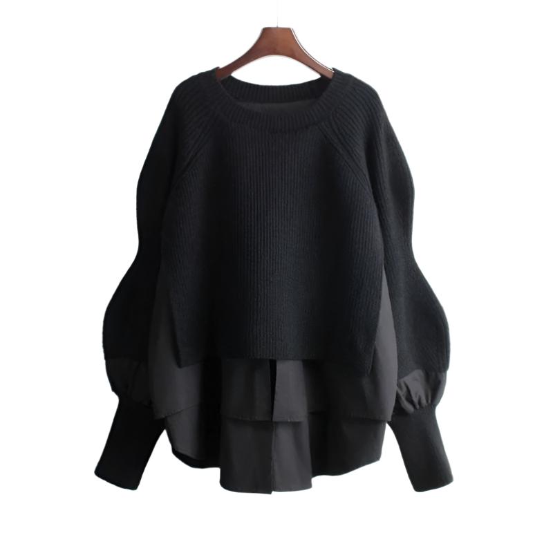 Shirt patchwork pullover sweater for women's autumn and winter vacation two-piece loose knit top, stylish lantern sleeves, versatile sweater